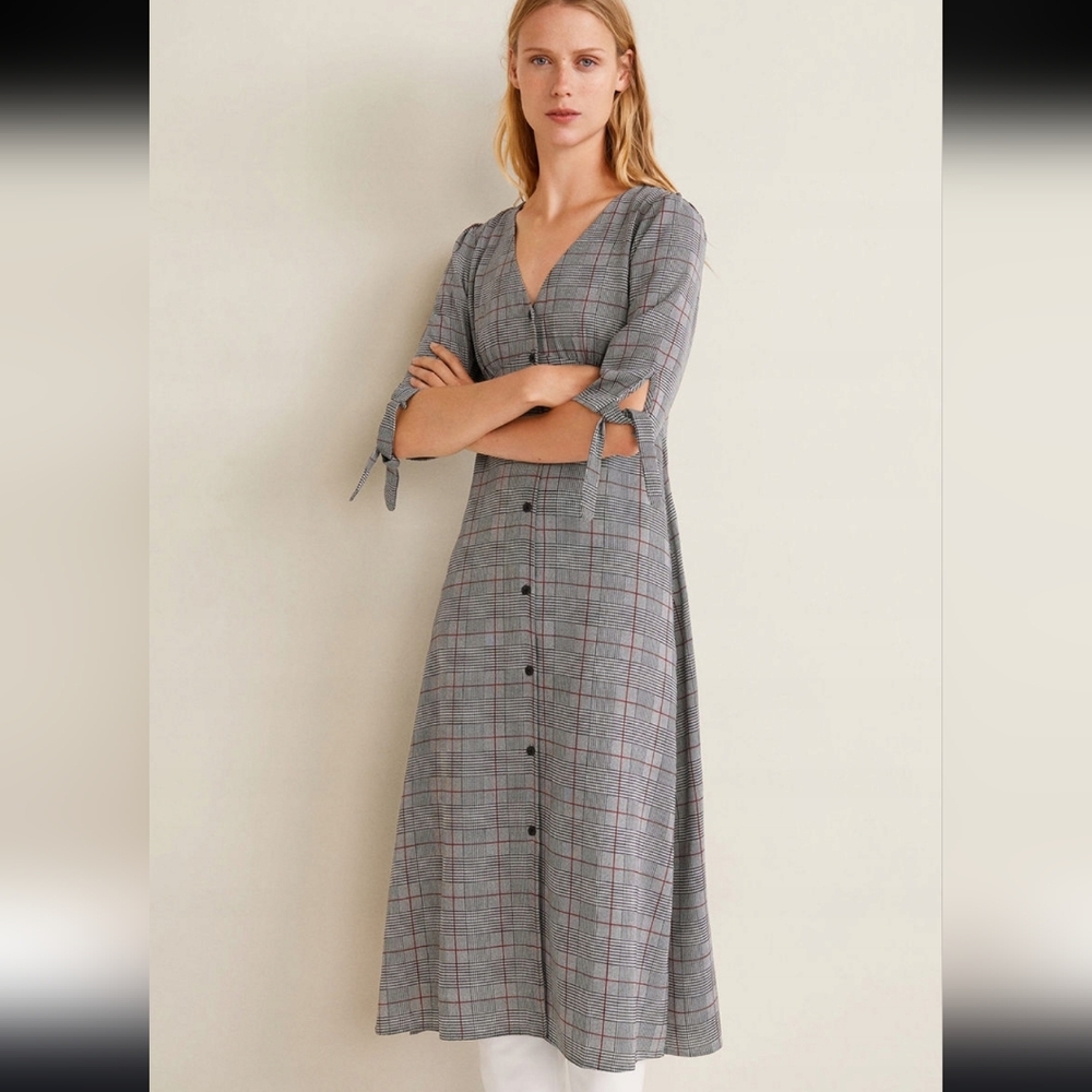 Mango Gray Plaid Midi Dress Cottagecore Summer Y2K Graduation Teacher Modest New